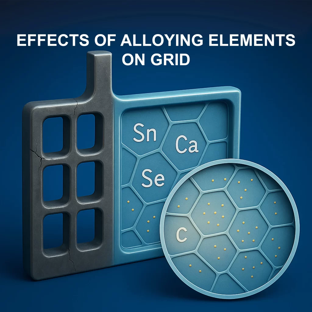 3D-Illustration eines Kristallgitters mit chemischen Symbolen für Zinn, Calcium und Selen