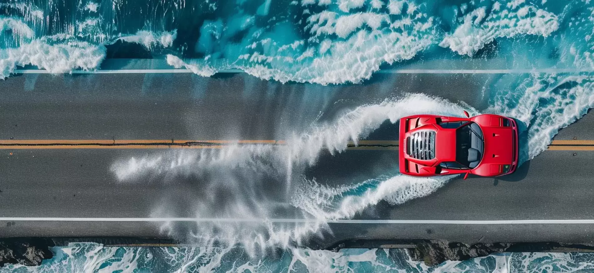 Aerial view of a red supercar driving through rushing seawater flooding a coastal road