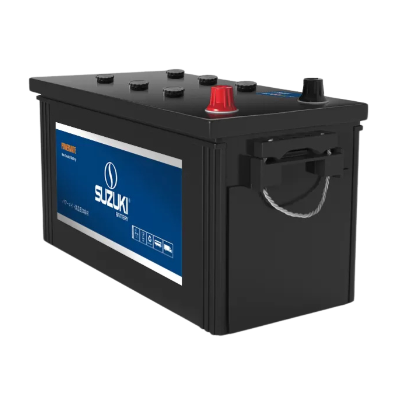 Schwarze Suzuki PowerMate Autobatterie mit rotem Pluspol und Tragegriff