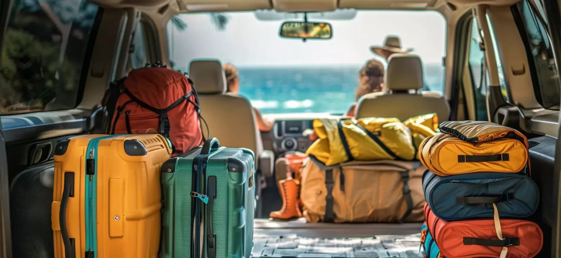 Yellow and green suitcases and hiking backpacks packed in the back of an SUV facing the ocean